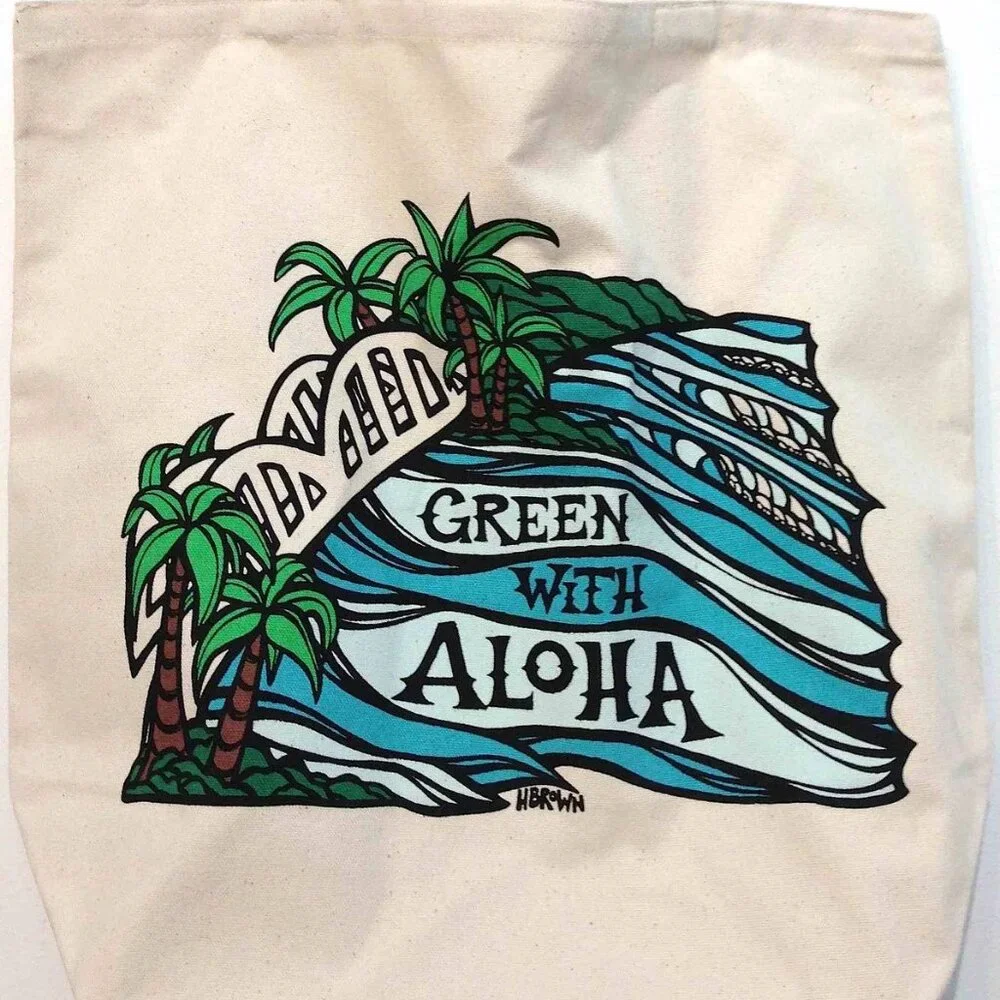 Heather Brown Art Green With Aloha Haleiwa Hawaii Tote Bag - Picture 2 of 2